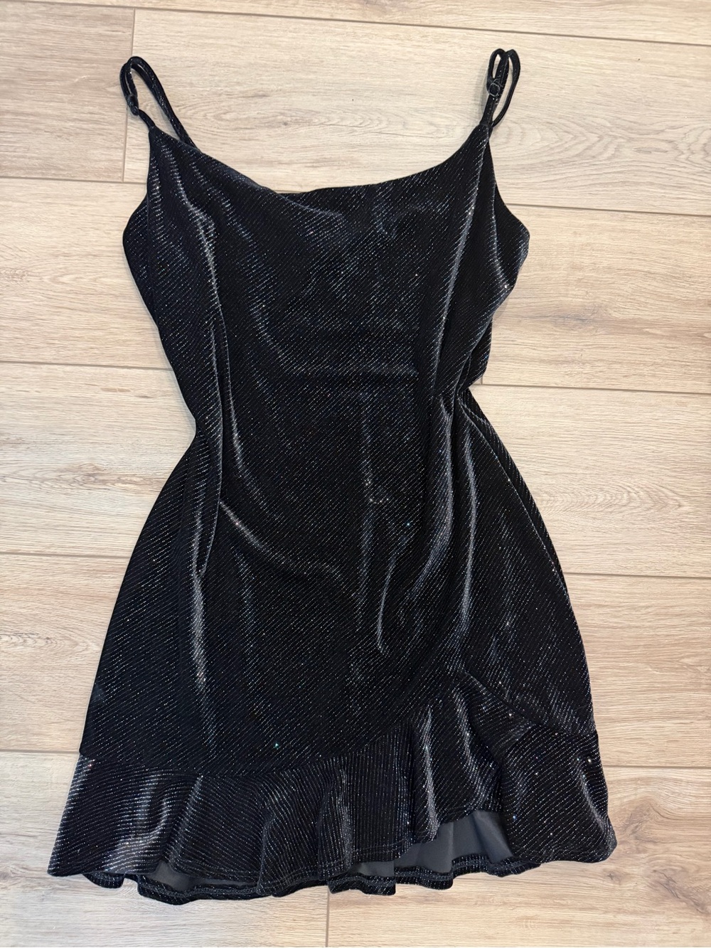 Women's Black Sparkle Velvet Slip Dress with Ruffle Hem